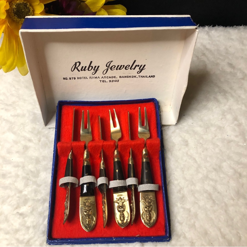 Vintage Ruby Jewelry, Siam Solid Bronze Fork & Knife Cocktail Flatware Set Of 6